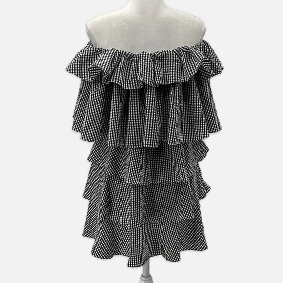 MLM Label Porte Off Shoulder Ruffle Dress in Black Utopia Check - NEW - Small - Picture 6 of 10